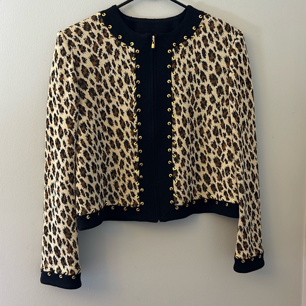 St. John Animal Print Full Zip Jacket Embellished w/Gold Grommets Sz 8